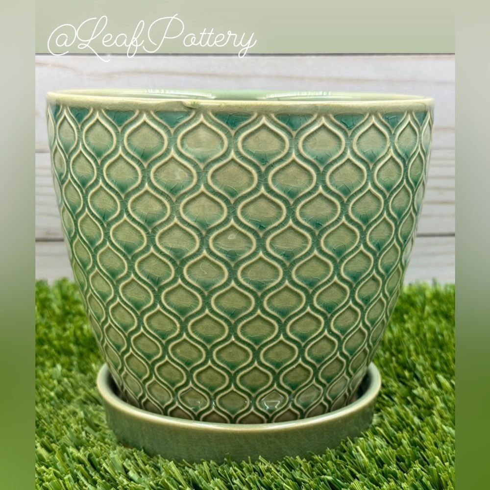 Coral Aqua/Green Ceramic Planter Pot with Saucer Attached - Picture 2 of 8